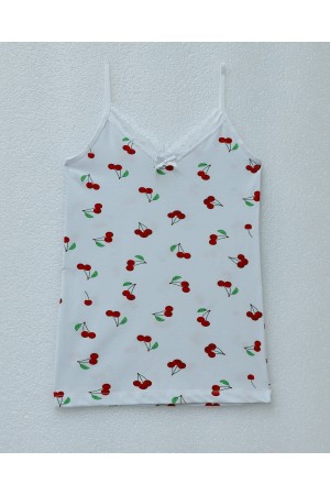 قميص داخلي من الدانتيل بنقشة الكرز مع أشرطة حبلية -أبيض