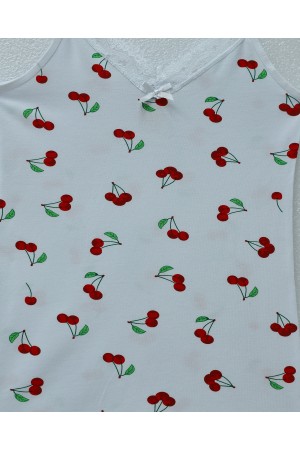 قميص داخلي من الدانتيل بنقشة الكرز مع أشرطة حبلية -أبيض