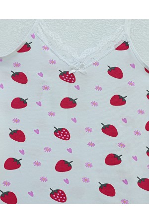 توب بدون أكمام بنقشة الفراولة والدانتيل -أبيض