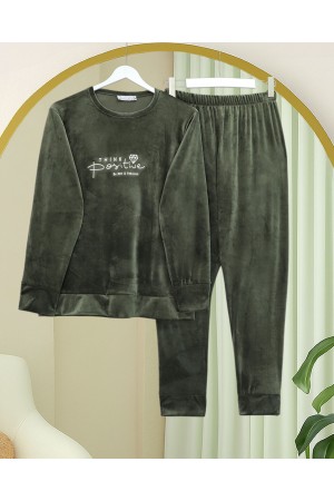 Kabartma Yazılı Fransız Kadife Pijama Takımı -Haki