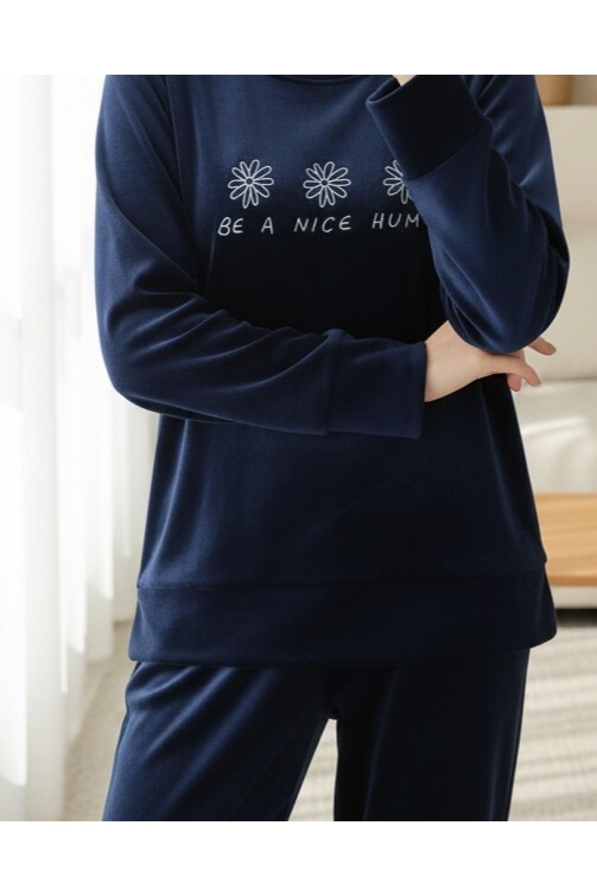 French Velvet Pajama Set with Embossed Text -Navy blue