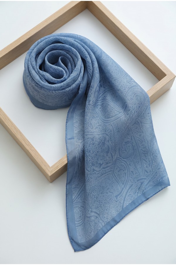 Fine Line Embroidered Cotton Scarf -Blue