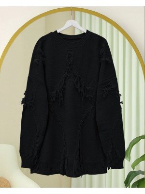 Yuvarlak Yaka Püskül Detaylı Triko Kazak -Siyah