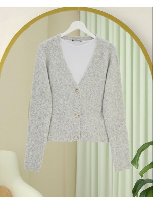 Önü Düğmeli Yumoş Triko Hırka -Açık Gri