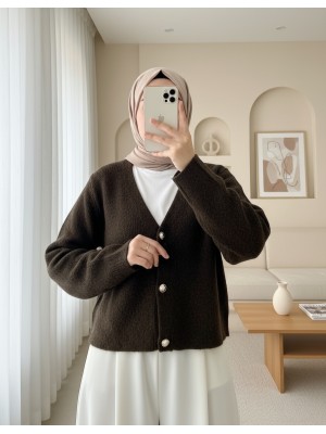 Önü Düğmeli Yumoş Triko Hırka -K. Kahve