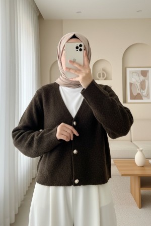 Önü Düğmeli Yumoş Triko Hırka -K. Kahve