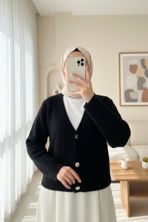 Önü Düğmeli Yumoş Triko Hırka -Siyah