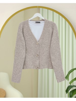 Önü Düğmeli Yumoş Triko Hırka -Taş