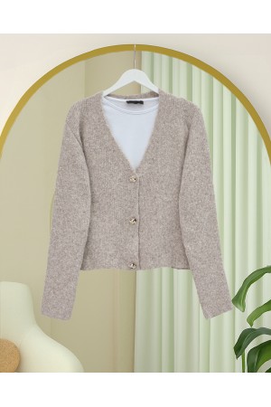 Önü Düğmeli Yumoş Triko Hırka -Taş