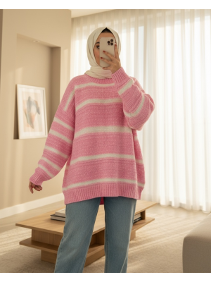 Kalın Çizgi Desenli Örme Triko Kazak -Pembe