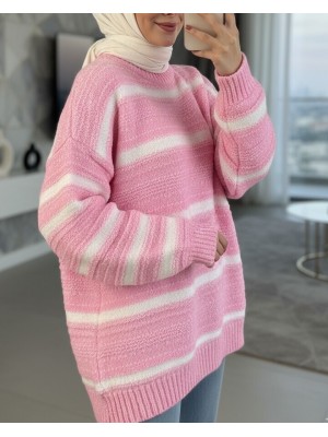 Kalın Çizgi Desenli Örme Triko Kazak -Pembe