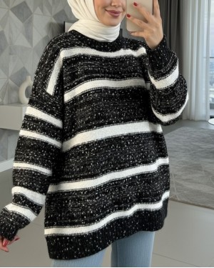 Thick Stripe Patterned Knitted Sweater -Black