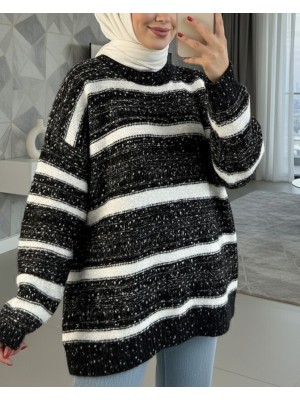 سترة محبوكة بنقشة خطوط سميكة -أسود