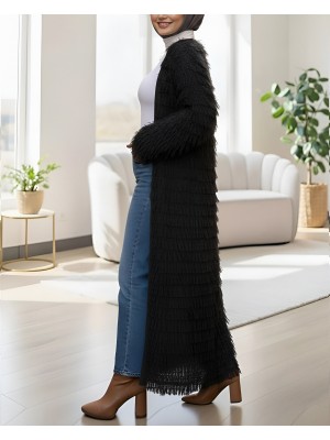 Saçaklı Uzun Triko Hırka -Siyah