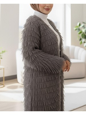 Saçaklı Uzun Triko Hırka -Toprak