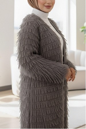 Saçaklı Uzun Triko Hırka -Toprak