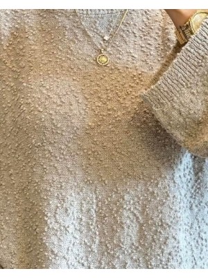 Ponpon Dokulu Salaş Triko Kazak -Açık Vizon