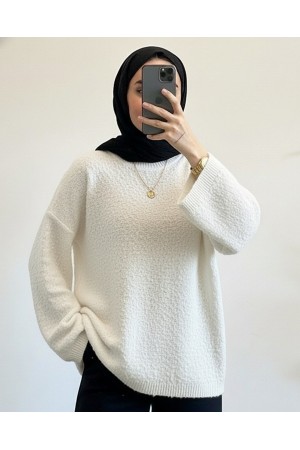 Pompom Textured Loose Knit Sweater -Ecru