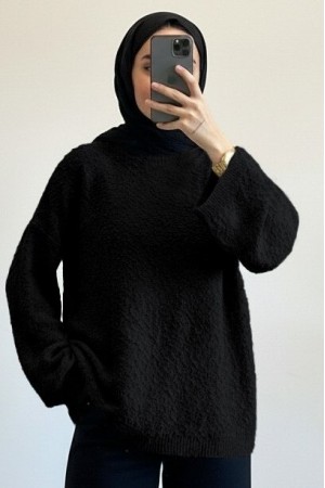 Pompom Textured Loose Knit Sweater -Black