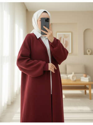 Yakalı Uzun Salaş Yumoş Hırka -Bordo