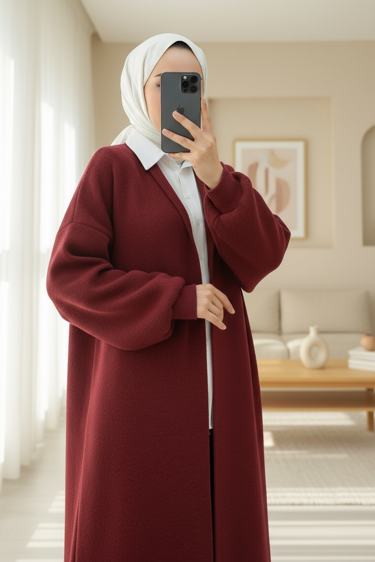 Collared Long Loose Soft Cardigan -Maroon