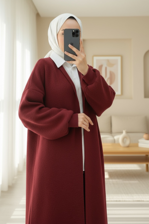 Yakalı Uzun Salaş Yumoş Hırka -Bordo