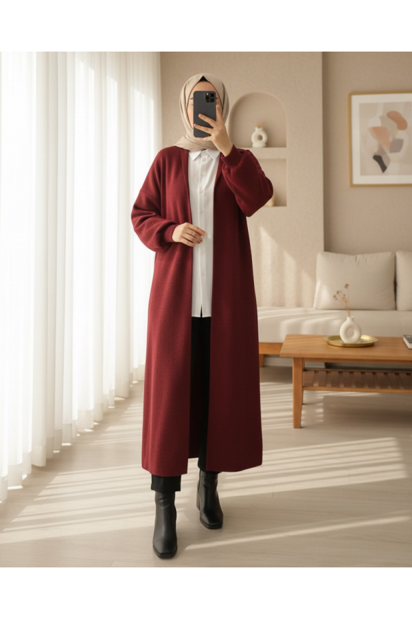 Yakalı Uzun Salaş Yumoş Hırka -Bordo