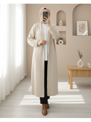 Yakalı Uzun Salaş Yumoş Hırka -Ekru