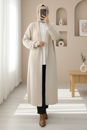 Yakalı Uzun Salaş Yumoş Hırka -Ekru