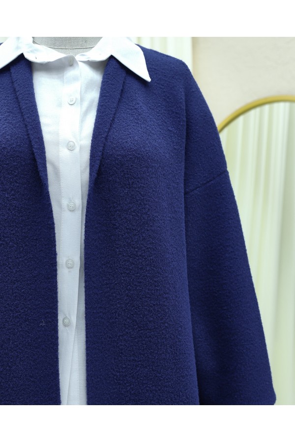 Collared Long Loose Soft Cardigan -İndigo