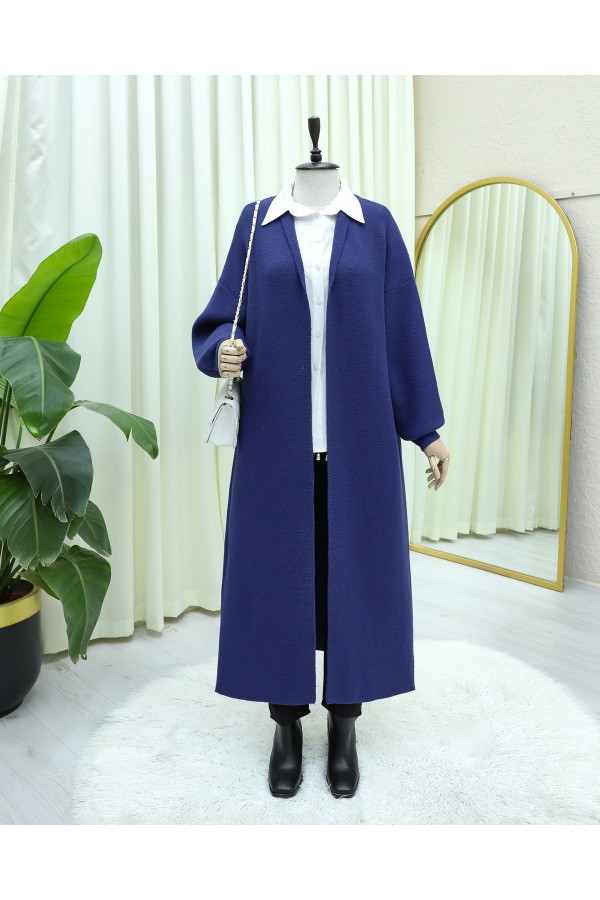 Collared Long Loose Soft Cardigan -İndigo