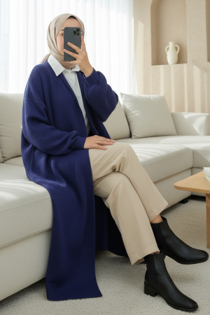 Yakalı Uzun Salaş Yumoş Hırka -İndigo