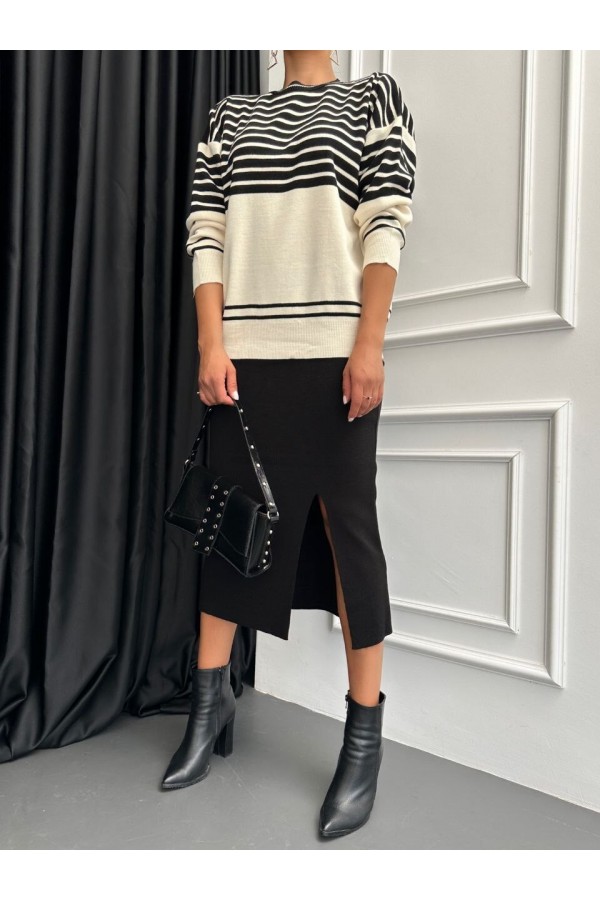 Crew Neck Striped Skirt Knitwear Set -Black