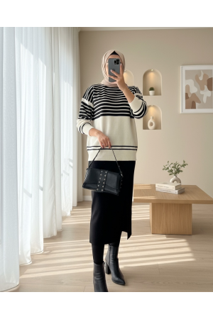 Crew Neck Striped Skirt Knitwear Set -Black