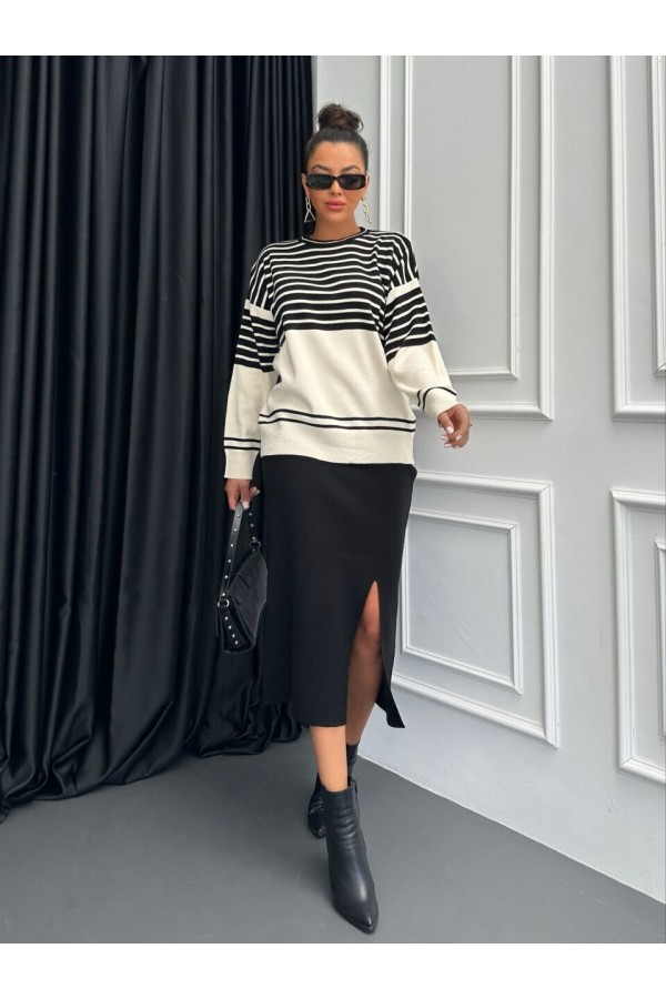 Crew Neck Striped Skirt Knitwear Set -Black