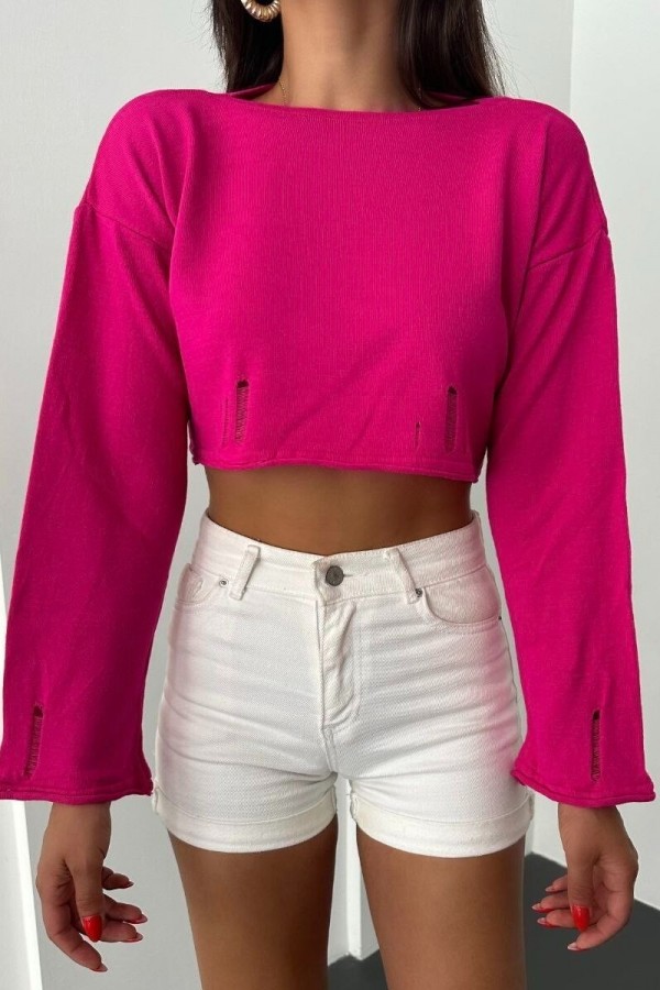 Boat Neck Knitwear Crop -Fuchsia