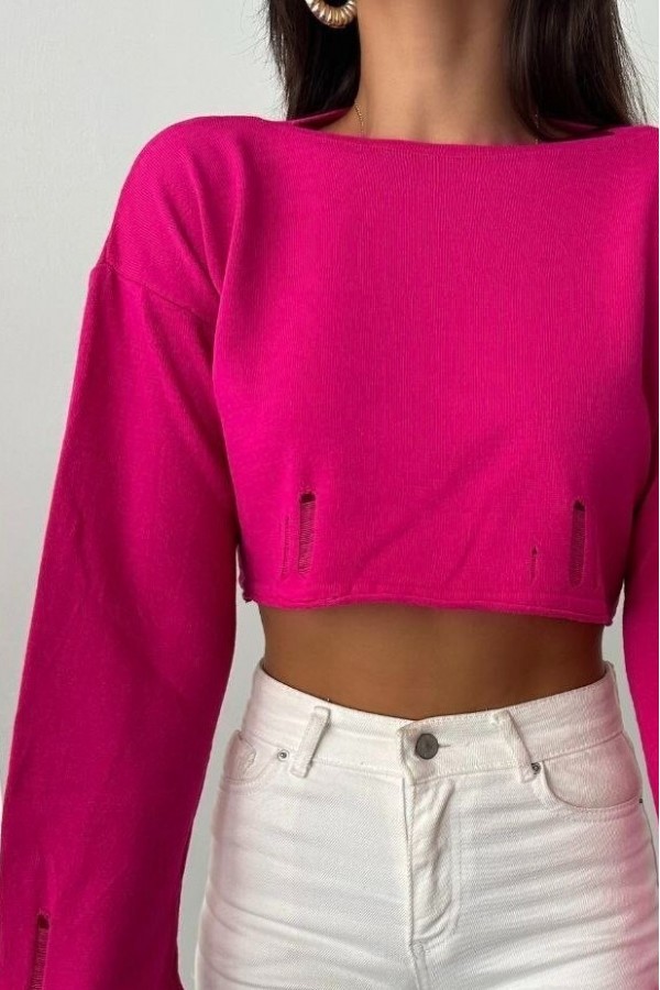 Boat Neck Knitwear Crop -Fuchsia