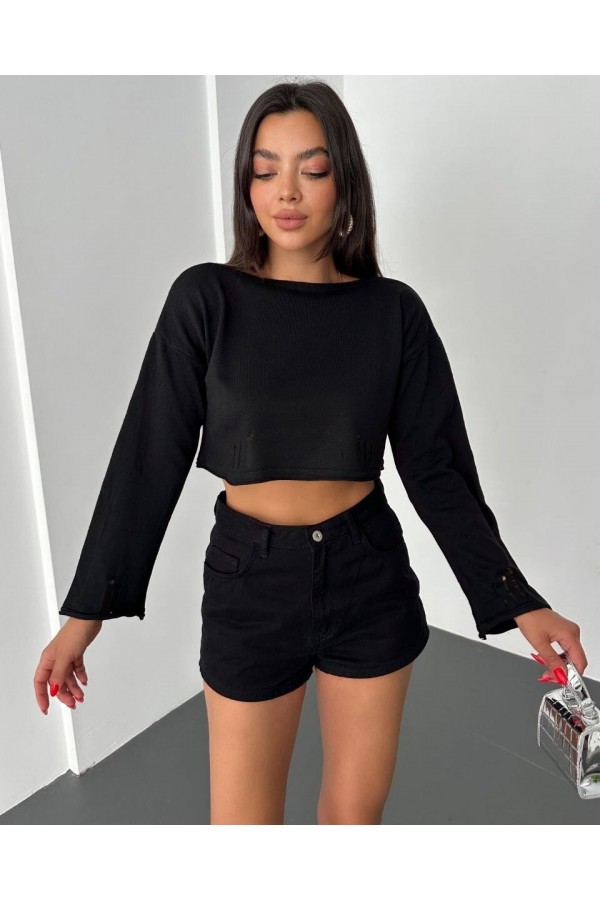 Boat Neck Knitwear Crop -Black