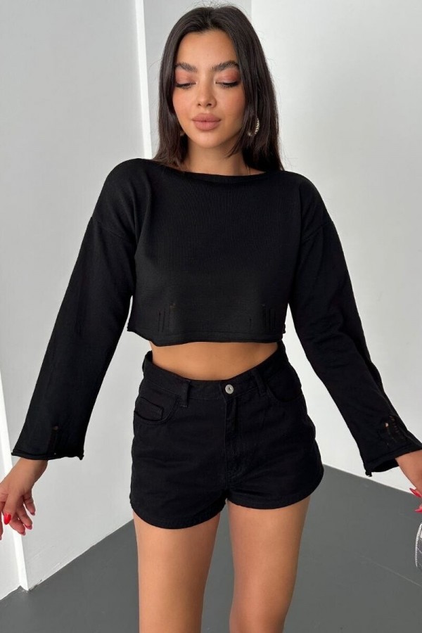 Boat Neck Knitwear Crop -Black