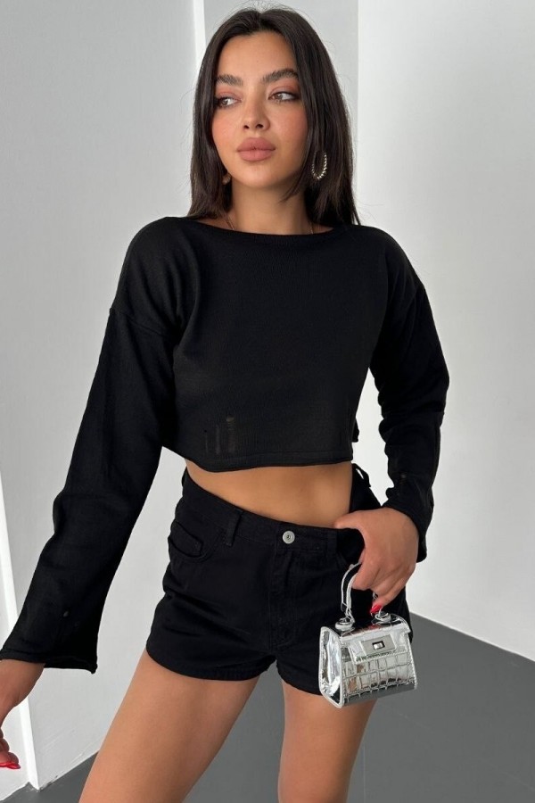 Boat Neck Knitwear Crop -Black