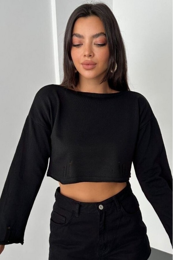 Boat Neck Knitwear Crop -Black