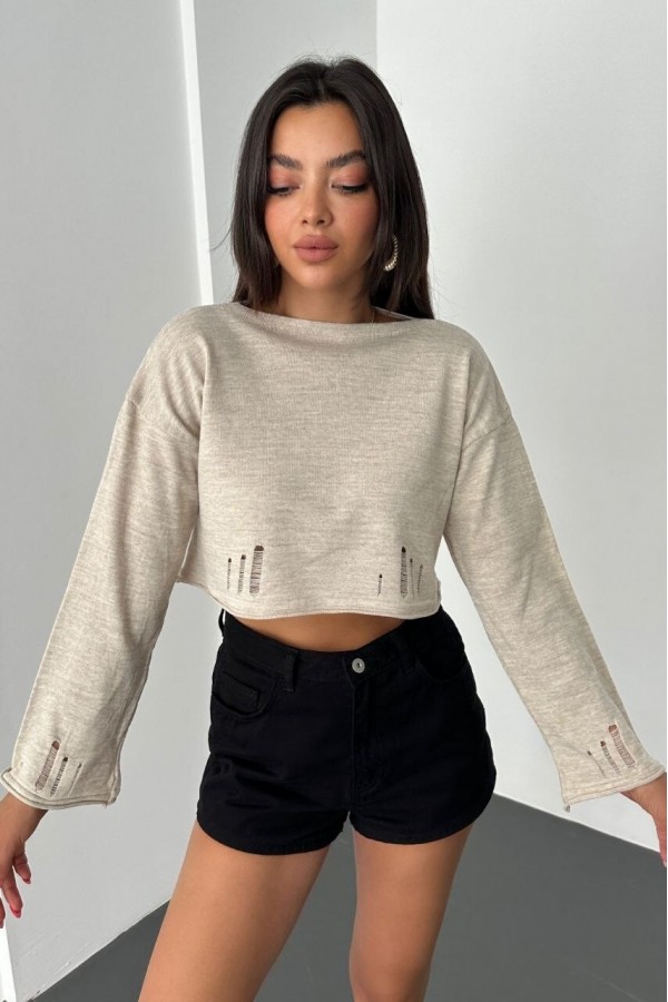 Boat Neck Knitwear Crop -Stone