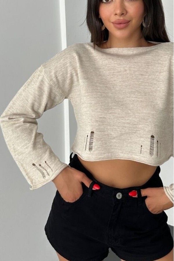 Boat Neck Knitwear Crop -Stone