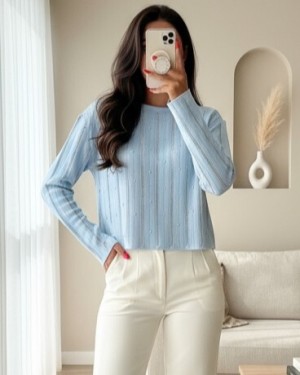 Stoned Openwork Knitwear Sweater -Blue