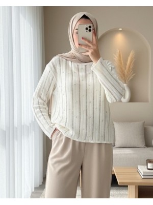 Taşlı Ajurlu Triko Kazak -Taş