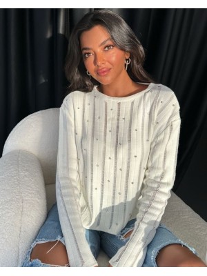 Taşlı Ajurlu Triko Kazak -Taş