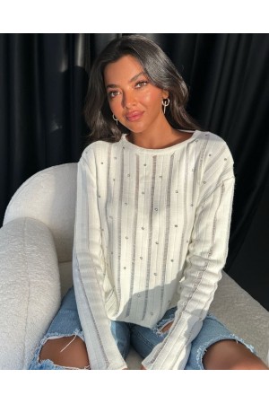 Taşlı Ajurlu Triko Kazak -Taş