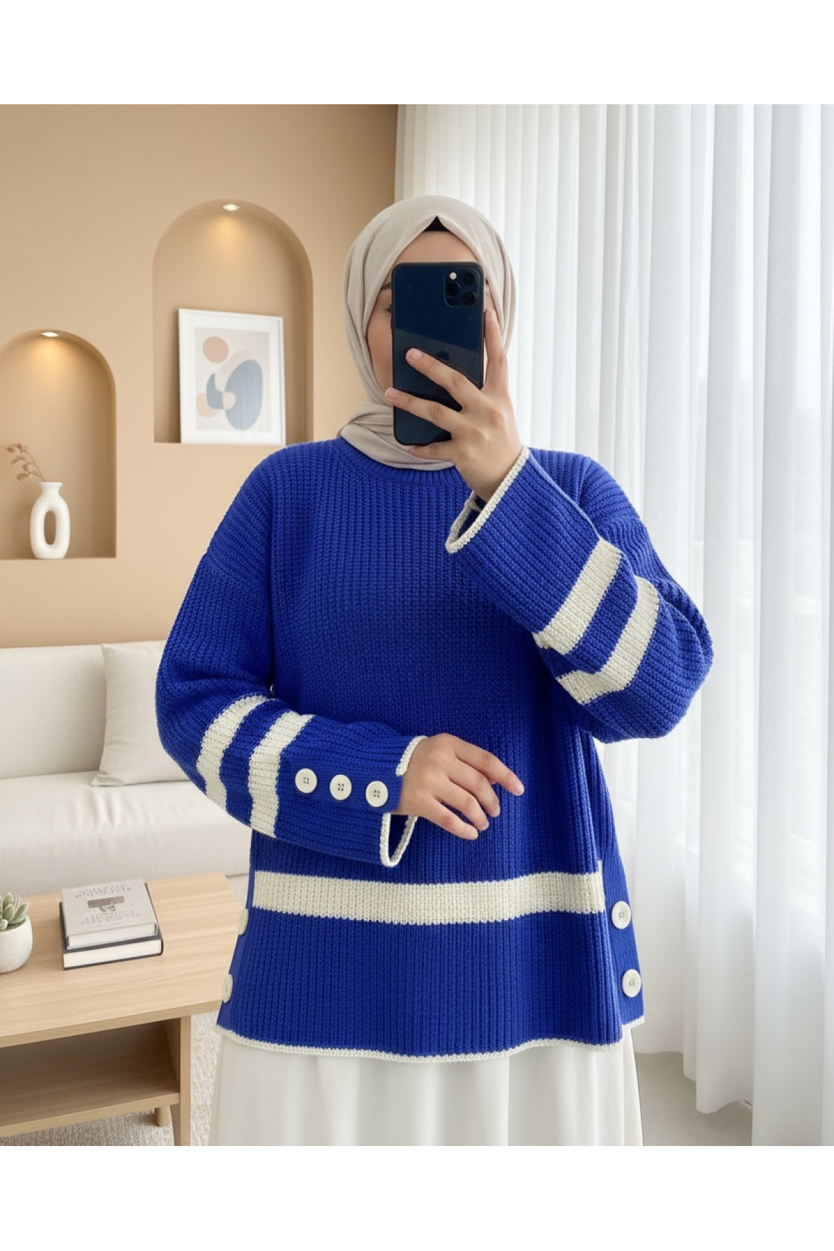 Knitted Pattern Knitted Sweater with Buttons on the Sides -Saxe 