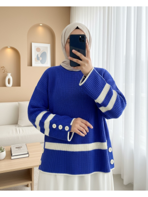 Yanları Düğmeli Örgü Desen Triko Kazak -Saks