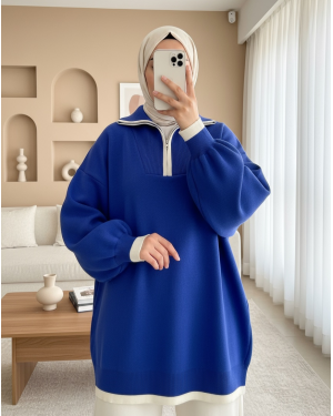 Yarım Fermuarlı Boğazlı Triko Tunik -Saks